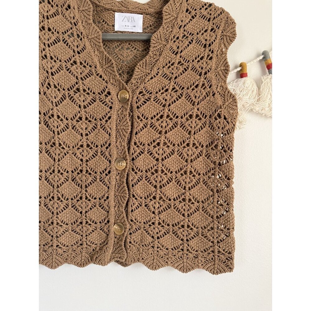 Zara Kids Crochet Open Knit Button Down Sleeveless Cardigan Brown Cottage 9/10 - Picture 4 of 7